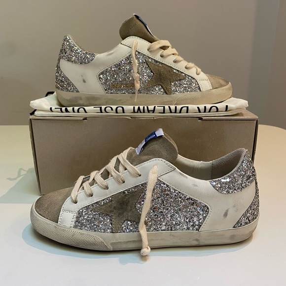 Golden Goose Superstar Sneaker White Leather/Silver Glitter/Taupe Suede 38 NIB - Picture 6 of 15